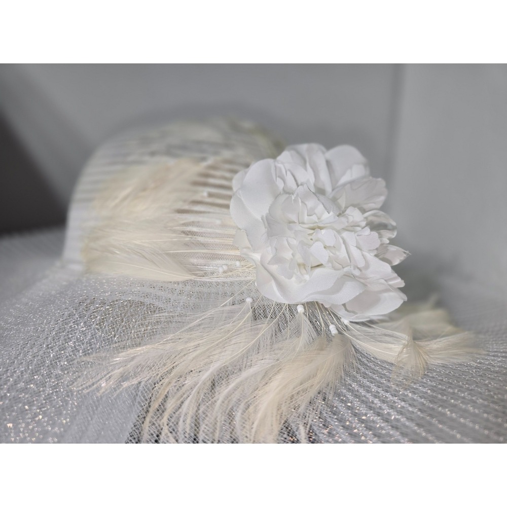White Wide Brim Mesh Sun Hat with Flower and Feathers‎ Wedding Derby Tea Party